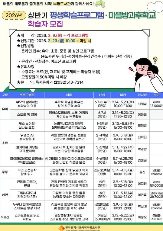 인천광역시교육청부평도서관, ‘상반기 평생학습프로그램 및 마을방과후학교’ 학습자 모집 기사 이미지